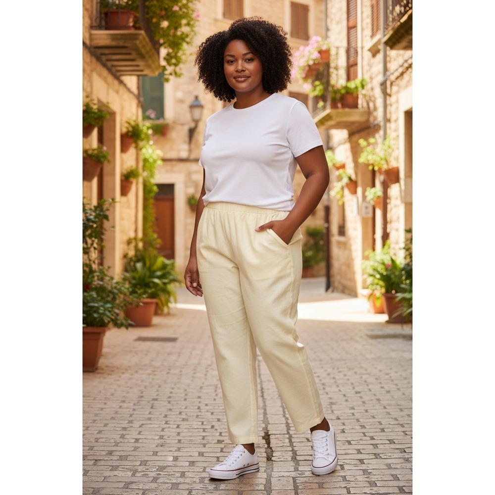 Pure Jill J. Jill Womens XL Cream 100% Linen Elastic Waist Straight Leg Pants